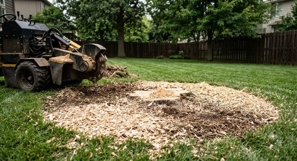 Stump grinder and fresh wood chips after grinding a stump in a suburban yard