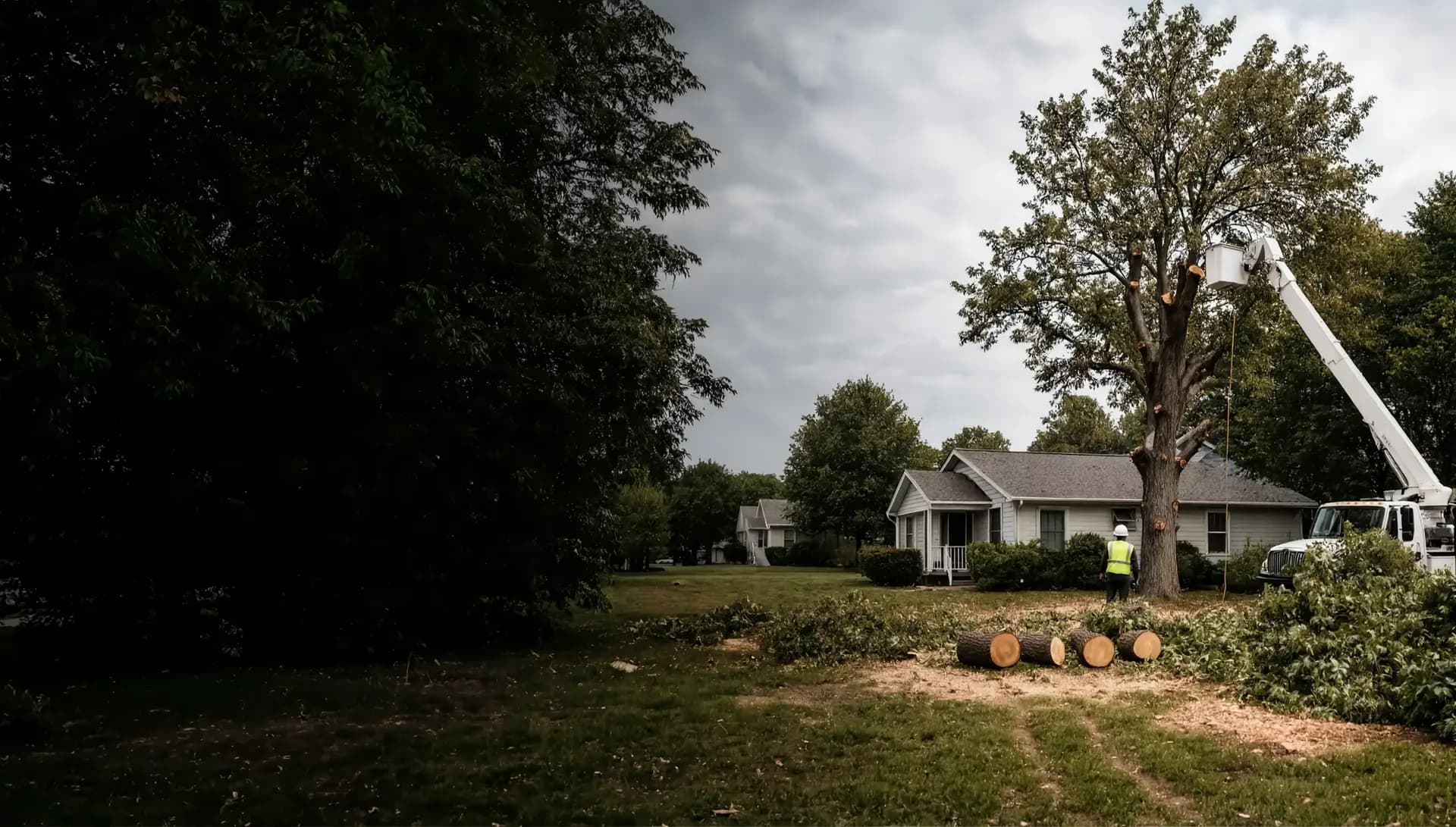 Tree removal crew and bucket truck working on a residential tree in a Shawnee-area yard