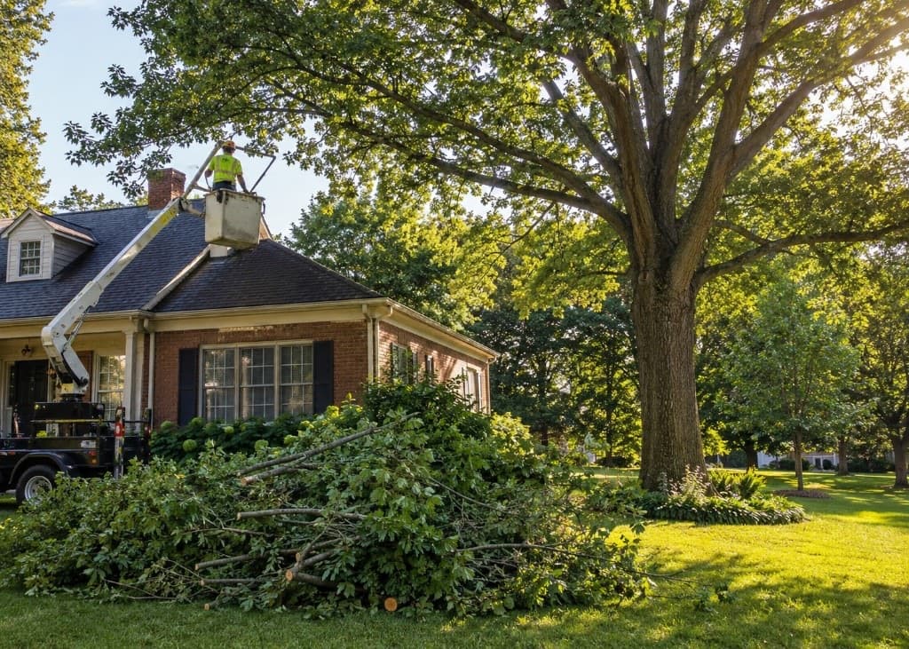Crew trimming a large residential tree from a bucket lift beside a home
